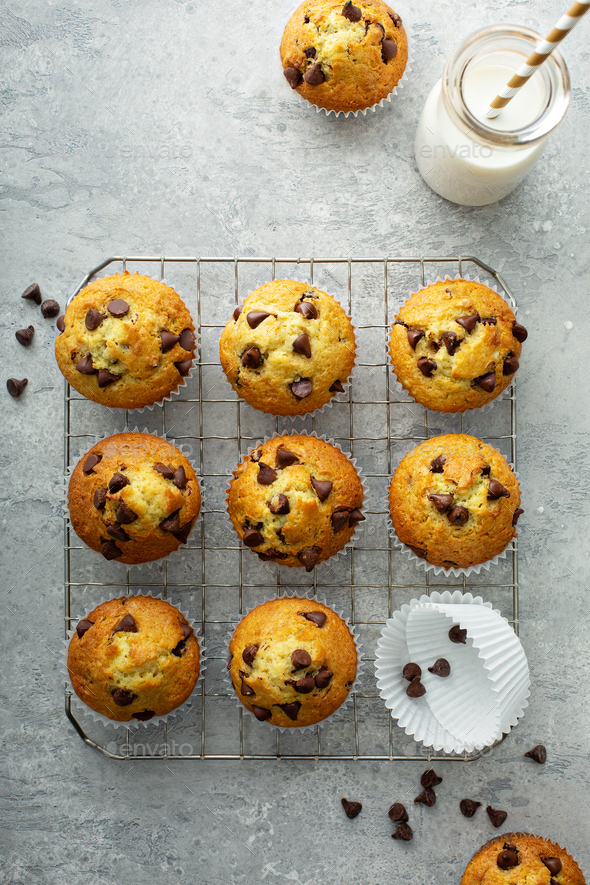 Chocolate chip muffins with milk Stock Photo by fahrwasser PhotoDune